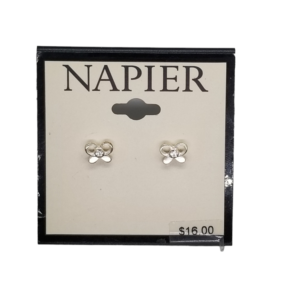 NAPIER NWT DAINTY SILVERTONE CRYSTAL BOW EARRINGS